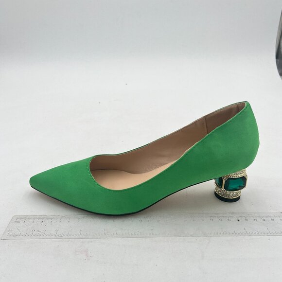 FSJ Green Bridal Pointed Toe Chunky Low Heel Crystal Pumps Slip on Wedding Shoes - Picture 2 of 8